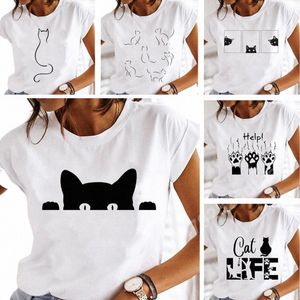T-shirt manches courtes femme, estival et décontracté, surdimensionné et décontracté, avec chat noir imprimé, blanc, Y2k