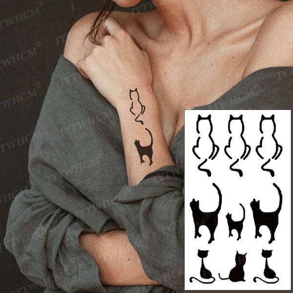 Tatuaje de gato negro pegatina Cruz impermeable tatuaje temporal mujeres Sexy lindo cuerpo arte muñeca cuello dedo Flash falso tatuaje hombres