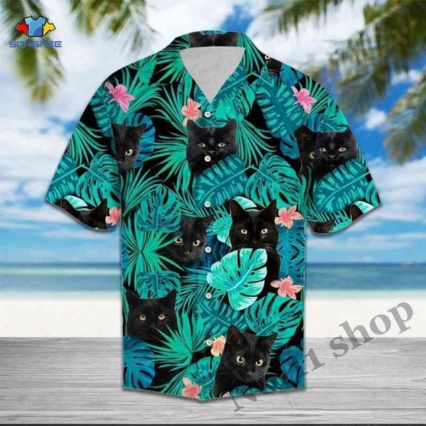 Black Cat Tropical Hawaiian Shirt Summer Arrivée S Hommes Imprimer Manches courtes Hawaii Casual Flower Beach S 210721