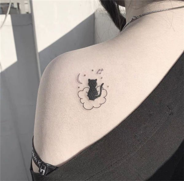 Chat noir étanche temporaire tatouage autocollants enfants femmes hommes corps art noir Kitty faux Tatoos épaule bras taille décalcomanie