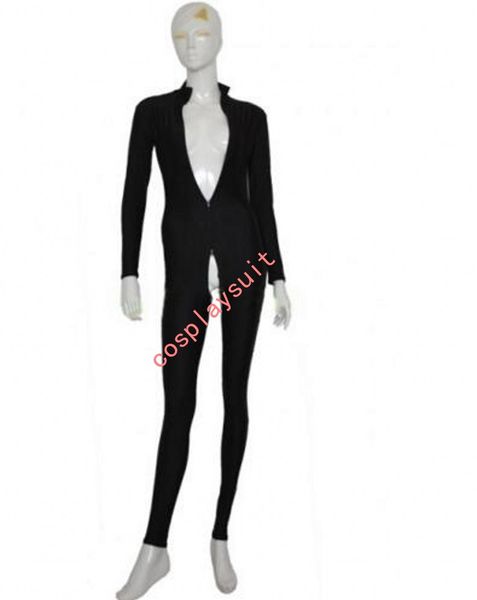 Costumes de Catsuit noir Costume unisexe en Spandex complet collants Unitard Lycar zentai tage costume de cosplay combinaison avant fermeture éclair à 3 voies jusqu'au cul sans capuche ni gants