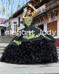 Robes de Quinceanera princesse Charro noire avec volants à manches longues jupe gonflée froncée Corset vestidos graduacion juvéniles