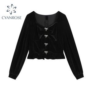 Zwarte chique knoppen vintage gewas blouses en shirts voor vrouwen lange mouwen vierkante kraag kantoor dames elegante flanel tops mujer 210515