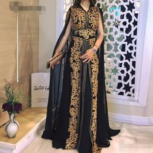 Zwarte chiffon Marokkaanse kaftan gouden kant applicaties jas avondjurken lange moslim Saoedi-Arabische speciale gelegenheid feestjurk