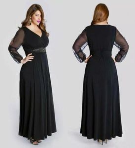 Zwarte chiffon plus size prom -jurken lang met illusie mouwen 2019 goedkope v nek kralen vleugelvogel enkel lengte formele jurken aangepast m5530961