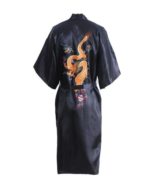 Black Chinese Men039s Santin Silk Robe broderie Dragon Kimono Baignoire Bain de bain Unisexe