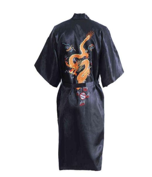 Black Chinese Men039s Satin Silk Robe broderie Dragon Kimono Baignoire Bain de bain unisexe