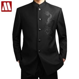 Tunique chinoise noire col montant traditionnel pour hommes Costumes Apec Leader Costume Homme Broderie Dragon Totem Costume Grande taille 4XL C18122501