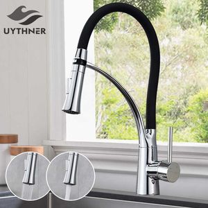 Black Chrome Kitchen Sink Faucet Swivel Pull Down Kitchen Faucet Sink Tap Mounted Deck Bathroom Mounted and Cold Water Mixer 210724
