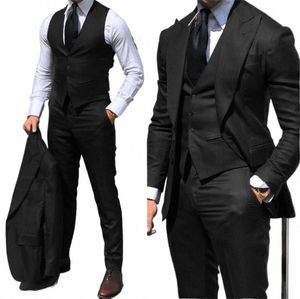 Zwarte Klassieke Mannen Pak 3 Stuks Tuxedo Peak Revers Bruidsjonkers Wedding Suits Set Fi Mannen Busin Blazer Jas + broek + Vest b9HI #