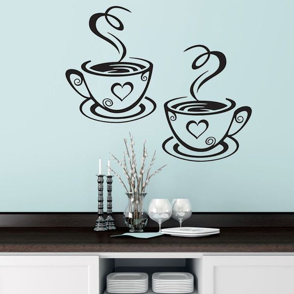 Tazas de café negras, pegatinas de arte de pared de PVC, hogar, cocina, restaurante, café, té, pegatina de pared, pegatinas de tazas de café, calcomanía de pared, decoración DIY