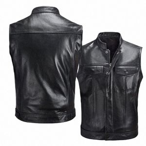 Cuello negro Sleevel PU Chaleco Chaqueta de un solo pecho hacia arriba y hacia abajo con bolsillos Chalecos de cuero de imitación Abrigo S M L XL XXL XXXL R3Hj #