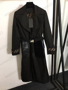 Trench-coat de couleur noire pour femme, revers à la taille, manches longues, lettre imprimée à l'intérieur des vestes, nouveaux manteaux de poche en cuir, vestes longues pour femmes d'automne