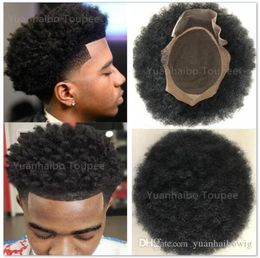 Couleur noire indien vierge cheveux humains afro kinky curl Men039s Toupee Mono avec PU autour et dentelle avant afro-américain mâle Un8484153