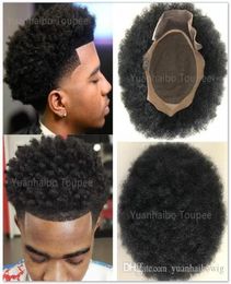 Zwarte kleur Indian Maagd Human Hair Afro Kinky Curl Men039S Toupee Mono met PU rond en Lace Front African American Male UN4058372