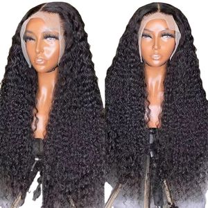 Zwarte kleur Losse diepe golf Afrikaanse menselijke haarpruiken 22 tot 30 inch Transparante synthetische krullende kant -voorpruik voor vrouwelijke meisjes