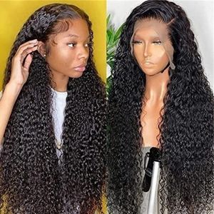 Zwarte kleur losse Deep Wave African Hair Hair Pruiken 22 tot 30 inch transparante synthetische krullende kant voor pruik voor vrouwen meisjes dropshipping