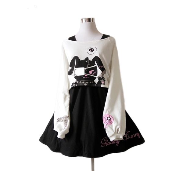 Robe noire pour adolescentes, 2 pièces, costume en coton doux, courte, mignonne, imprimée, manches longues, Lolita japonaise