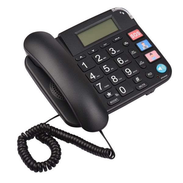 Teléfono con cable negro con gran botón Descripción fija Teléfono Soporte de la marca FreedialflashShashspeed control de volumen 240314