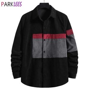 Black Corduroy Shirt Mannen Stijlvolle Contrast Ontwerp Casual Shirts Mens Button Down Warm Kwaliteit Easy Care Gentleman Shirt Male 210522