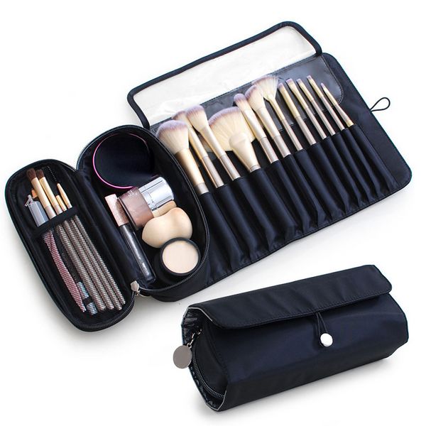 Bolsa de cosméticos negra, soporte portátil para brochas de maquillaje de viaje, suministros de viaje para el hogar, soporte para brochas de maquillaje, bolsa enrollable
