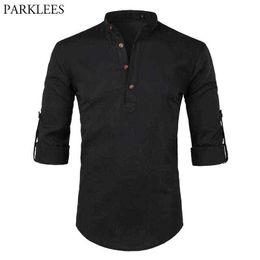 Chemise en lin de coton noir hommes 2018 automne nouveau manches retroussées hommes tenue décontractée chemises Slim Fit Henley Chemise Homme Chemise Homme G0105