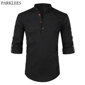 Zwart katoen linnen shirt heren 2018 herfst nieuwe opgerolde mouw heren casual jurk shirts slank fit henley shirt mannelijke chemise homme g0105