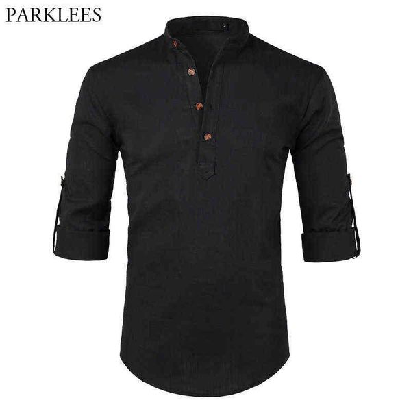 Camisa de lino de algodón negro para hombre 2018 Otoño Nueva manga enrollada para hombre Camisas de vestir casuales Camisa ajustada Henley Camisa masculina Chemise Homme G0105