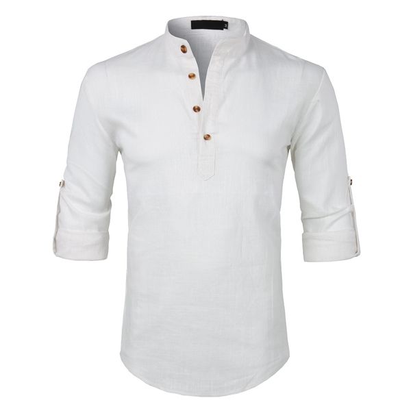 Camisa de lino y algodón negra para hombre, camisas de vestir informales con manga enrollada de otoño para hombre, camisa Henley ajustada, Chemise Homme 210628222c