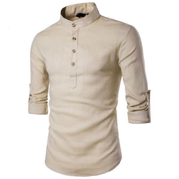 Chemise en lin en coton noir hommes automners enroulé manches pour hommes