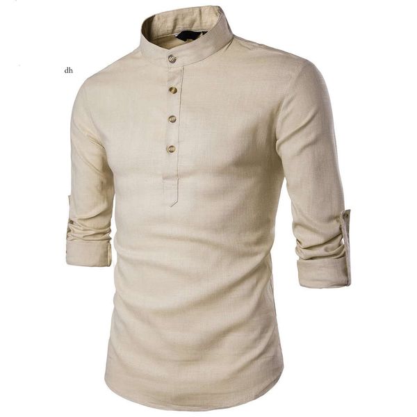 Chemise en lin en coton noir homme automne rouled up manque de robe décontractée chemises slim fit henley mâle chemise homme