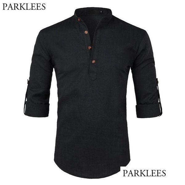 Camisa de lino de algodón negro Hombres Otoño enrollado Manga para hombre Vestido casual Camisas Slim Fit Henley Male Chemise Homme 210628 Drop Deliver Dhoes