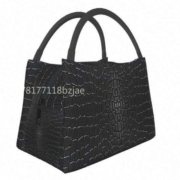 Sac fourre-tout à déjeuner isolé en cuir de peau de crocodile noir imprimé 3D pour femmes Texture d'alligator boîte à bento isotherme thermique réutilisable 25S6 #