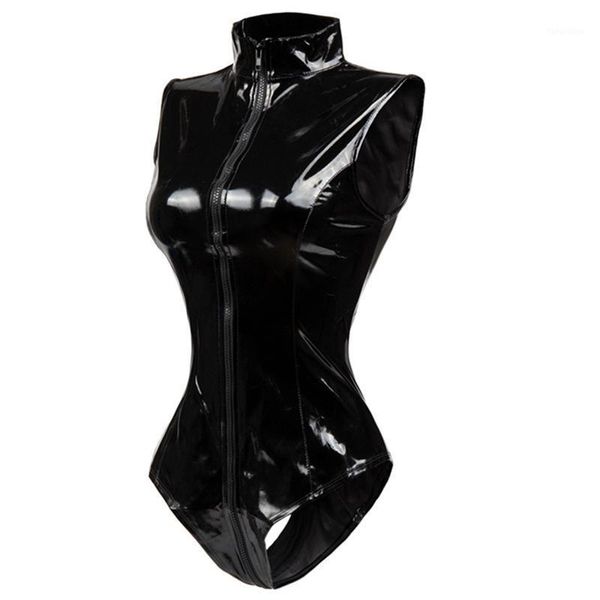 Noir entrejambe fermeture éclair sans manches Sexy Spandex body en cuir Latex Catsuit PVC combinaison femmes court PU body Clubwear1