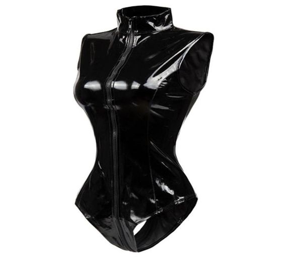 Black entre la crujir crujir crujir con cremallera sexy spandex bodysuit de cuero látex catsuit pvc sumpsuit mujeres cortos put bodysuit clubwear8369232