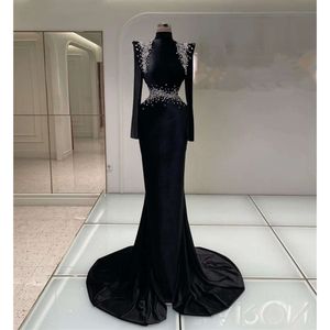 Zwart Crystal Evening Mode Hoge kraagmouwen lange zeemeermin chique vloerlengte solide prom jurken feestjurk