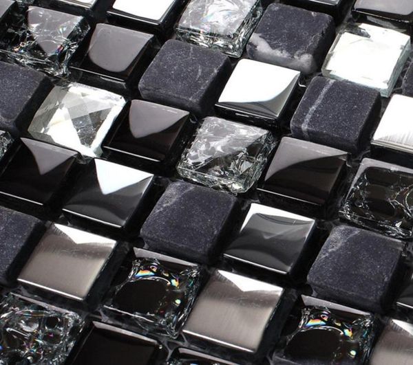 Citina de cristal de cristal negro Mosaico Mosaico Azulejos de salpicaduras SGMT165 Tile de pared de ducha de vidrio de diamante de plata