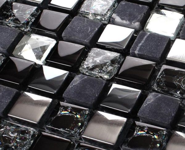 Carreaux de carreaux de backsplash de cuisine en mosaïque en verre en vitre en cristal noir SGMT165 Silver Diamond Glass Down Murd Wall Bathroom9528190