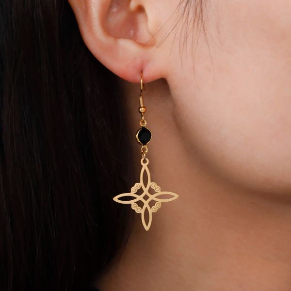 Pendiente de nudo de bruja de cristal negro para mujer, oro amarillo de 14k, pendientes colgantes de brujería con nudo irlandés, joyería de protección Wicca