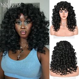 Zwart Krullend Met Pony Lange Afro s voor Vrouwen Synthetische Vezels Lijmloos Haar Dagelijks Gebruik Party Halloween Cosplay 240113