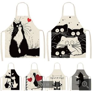 Delantales de Cocina con estampado de gato negro para Cocinar y hornear, lino de algodón sin mangas de 53x65cm para mujeres y hombres, Delantal para el hogar, Cocina GC805