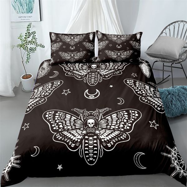 Ensemble de literie noir avec motif de mites de la mort, ensemble de housse de couette gothique avec tête de mort, papillon, 2/3 pièces, étoiles de lune, textile de maison de luxe