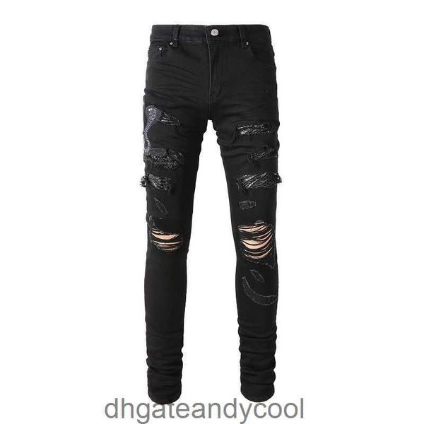 Black Denim Amirres Brand Jeans Pantalons de créateur Mode Homme High Street Jeans de broderie avec des trous dans les beaux pantalons à volants pantalons slim extensibles pour hommes QYG5