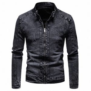 Zwarte Denim Jas Mannen Motorjas Lente Herfst Slim Fit Jassen Fi Casual Stand Kraag Denim Jas Mannelijke H23D #