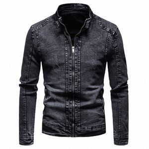 Chaqueta de mezclilla negra Hombres Chaqueta de motocicleta Primavera Otoño Slim Fit Chaquetas Fi Casual Stand Collar Denim Coat Masculino S1js #