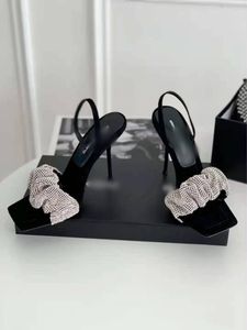 Sandales de styliste noires pour femmes, talons de 7 à 9cm, mode beauté, luxe, cristal scintillant, perles, bal de promo, chaussures pour femmes