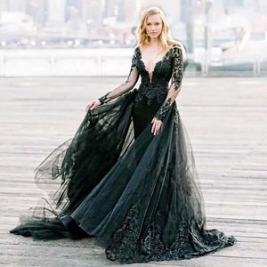 Zwarte afneembare bruiloft Lange mouwen Gothic Mermaid-jurken Train diep v-hals Appliqued Lace Formele bruidsjurken Vintage tuin rustieke bruiden kleding aanpassing