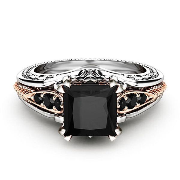 Tallar flor Anillo de diamante negro Banda de dedo Anillos de compromiso de boda de piedra cuadrada para mujer Joyería de moda Venlentine Regalo voluntad y arena