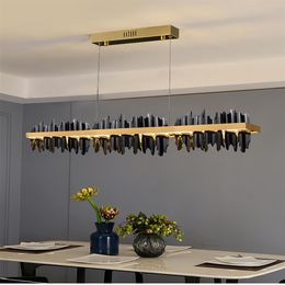 zwarte eetkamer kroonluchter rechthoek led woondecoratie lichtpunt modern design koperen keukeneiland hangende lamp209F