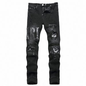 Noir Distred Lettre Brodé Jeans Hommes Taille Moyenne Élastique Crayon Denim Pantalon Streetwear Jeans Pantalon E2KN #